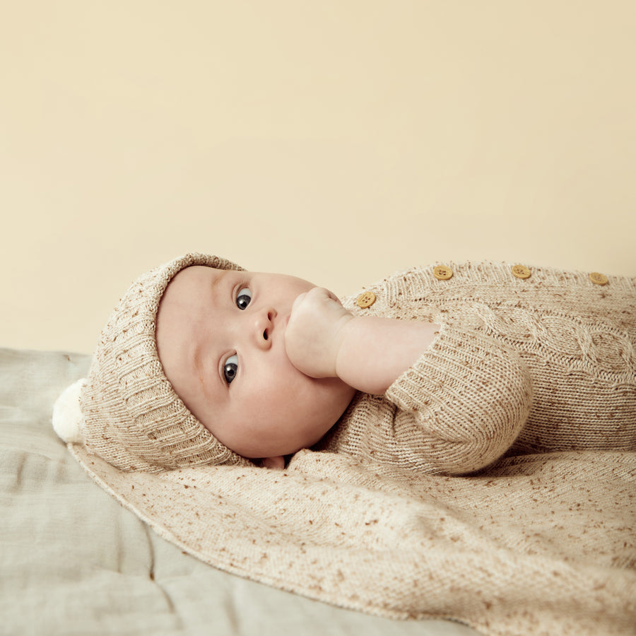 Wilson and Frenchy Knitted Cable Growsuit - Almond Fleck | Rompers & Playsuits | Bon Bon Tresor