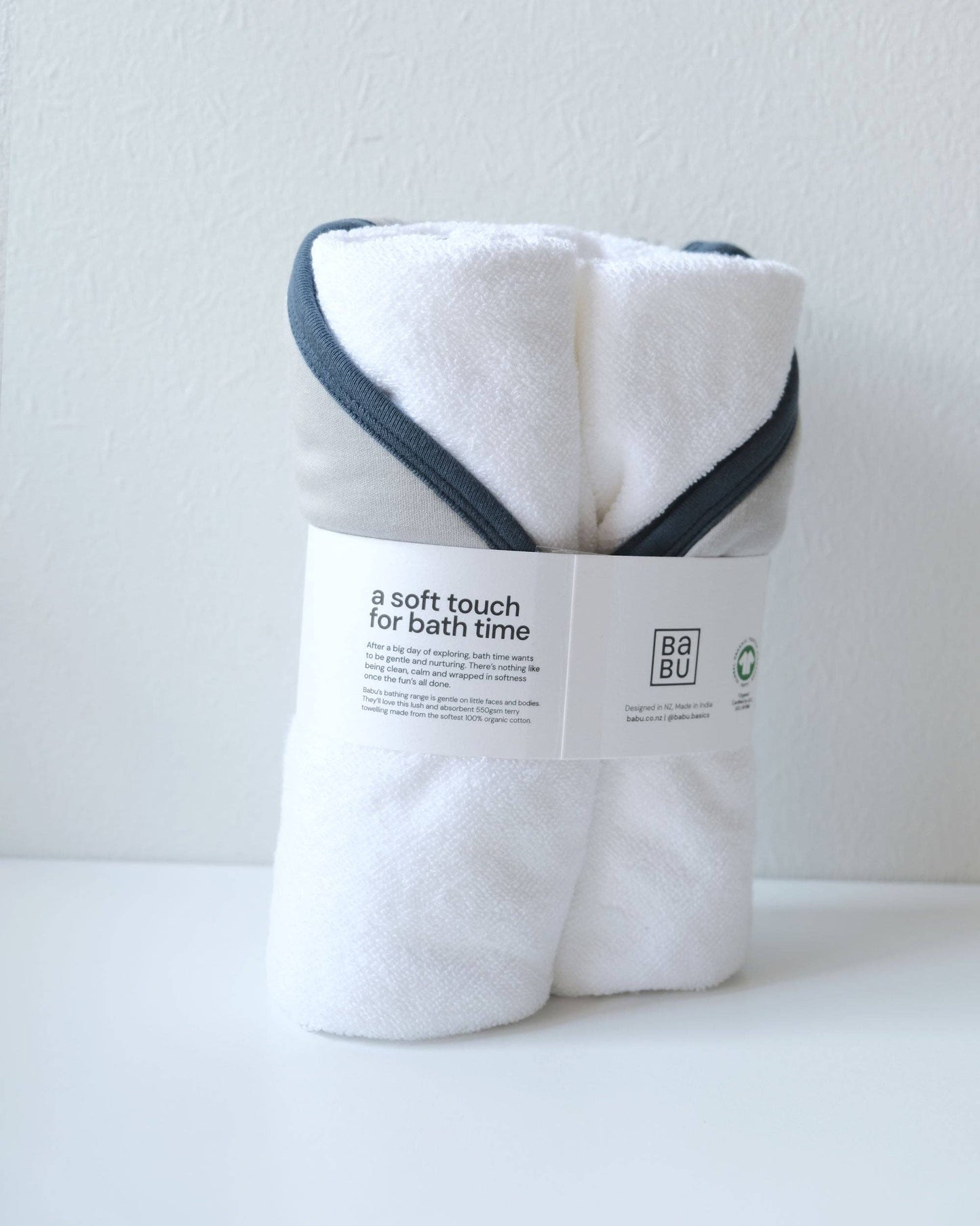 Babu Terry Hooded Baby Towel - Gray with Denim Trim