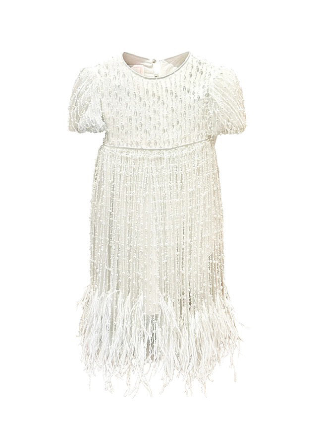 Mimi Miya Anja Girl's Christening Pearl Dress with Feathers | Dresses | Bon Bon Tresor