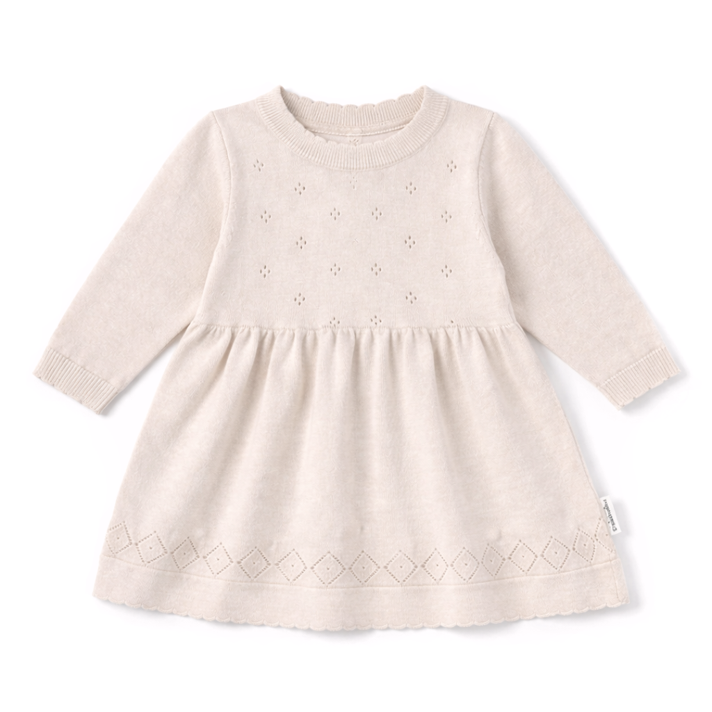 Aster and Oak Baby Girls Oatmeal Pointelle Knit Dress | Dresses | Bon Bon Tresor