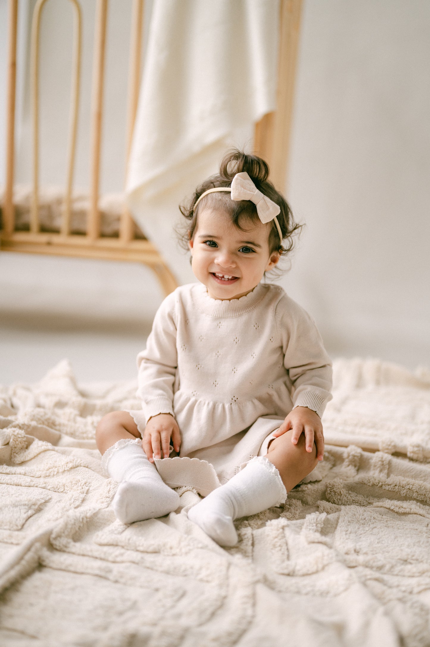 Aster and Oak Baby Girls Oatmeal Pointelle Knit Dress | Dresses | Bon Bon Tresor
