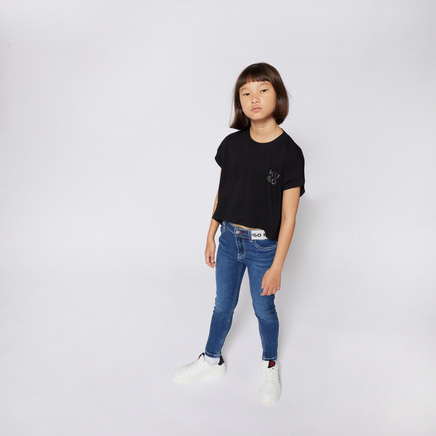 Hugo Kids Girls Black Loose Fit Studded Logo T-Shirt