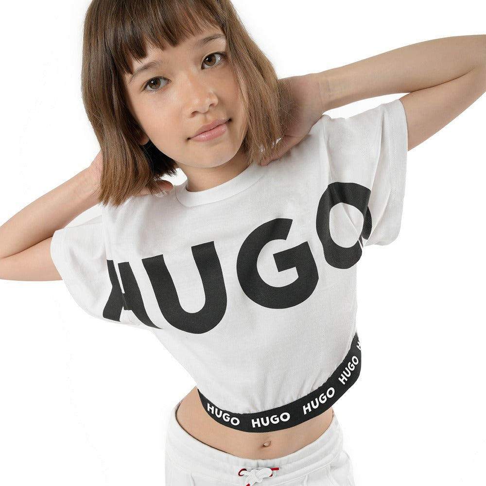 Hugo Kids Girls Short Sleeve Crop Top T-Shirt - White | Tops | Bon Bon Tresor