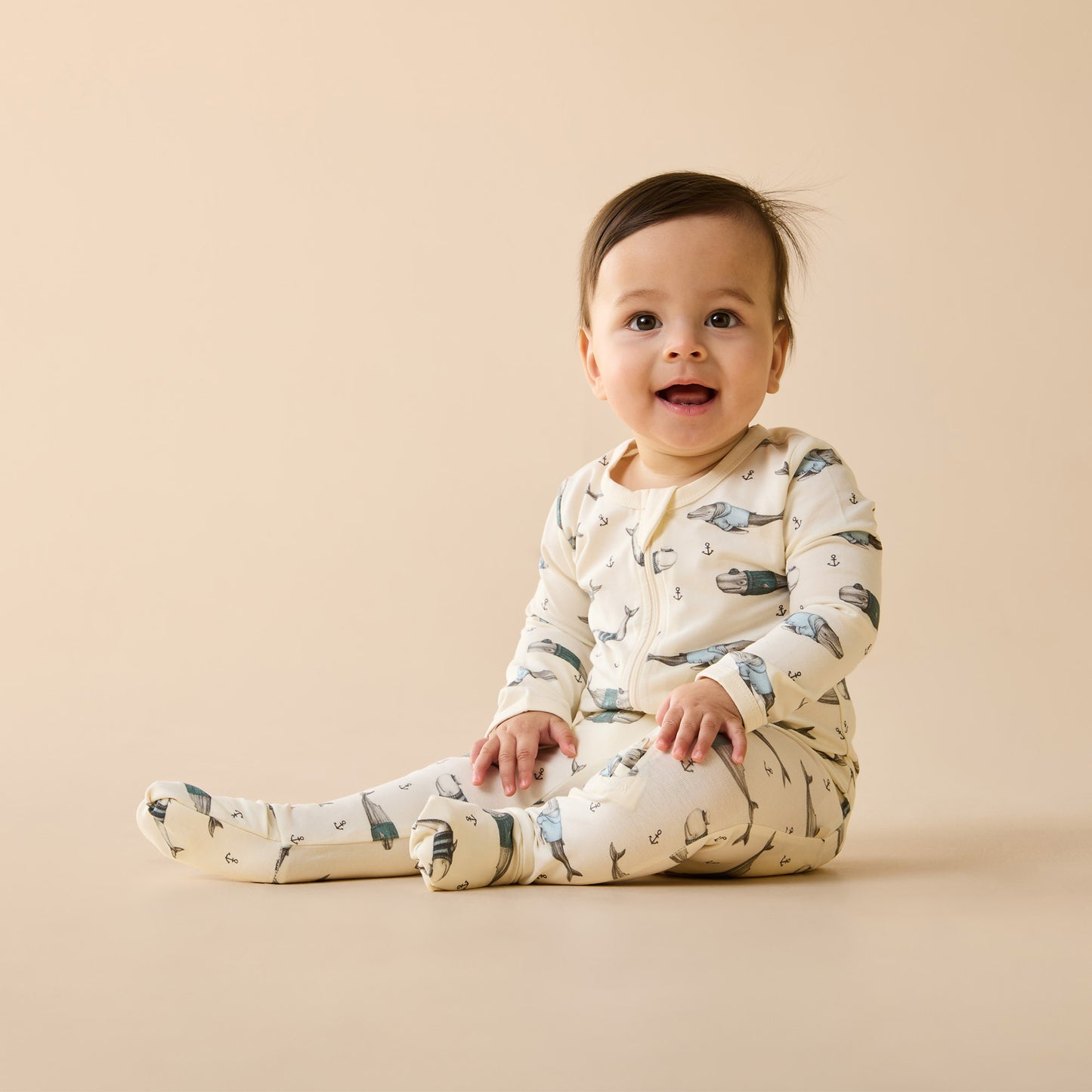 Wilson and Frenchy Organic Zipsuit with Feet - Woolly Whales | Rompers & Playsuits | Bon Bon Tresor
