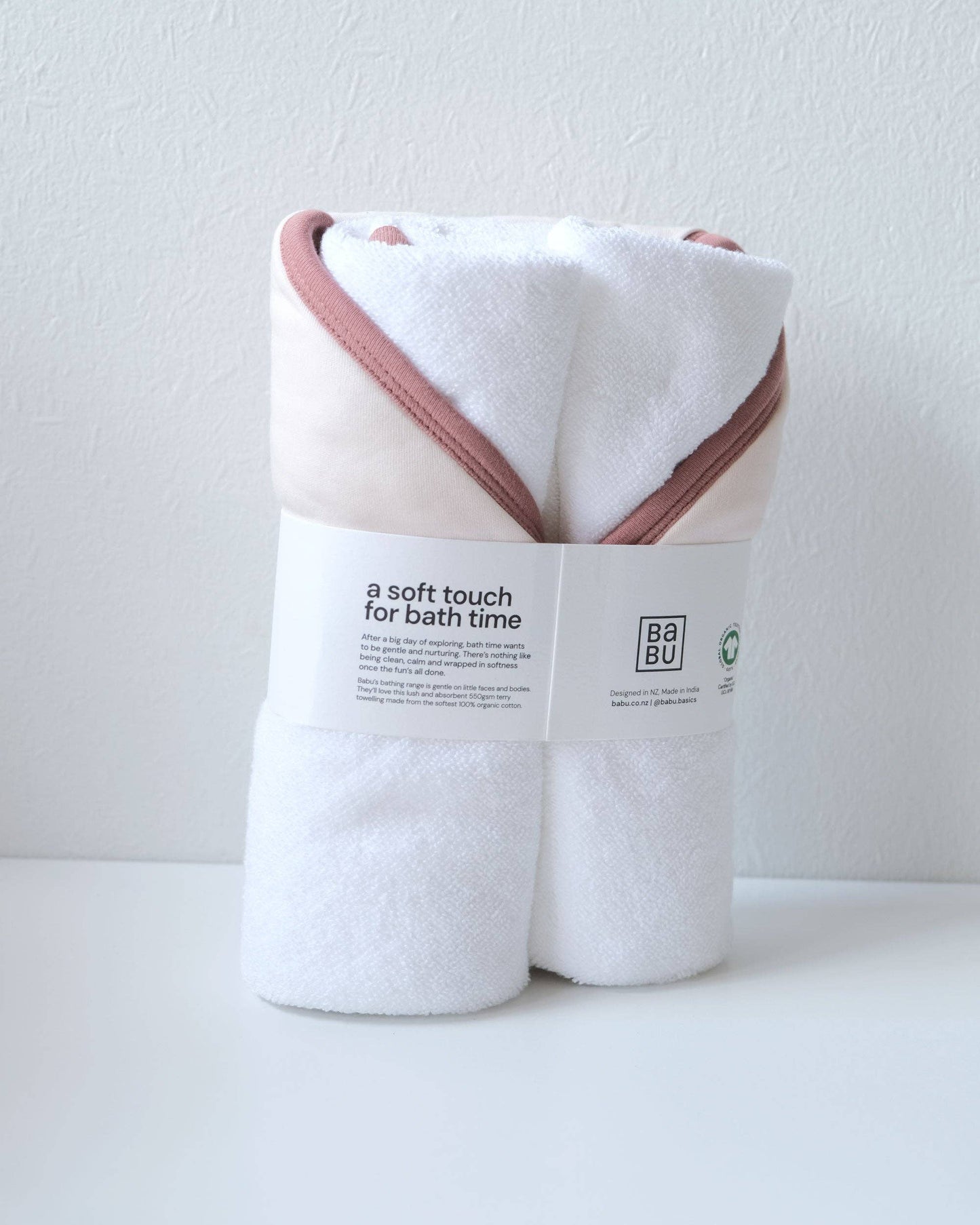 Babu Terry Hooded Baby Towel - Petal with Rose Trim