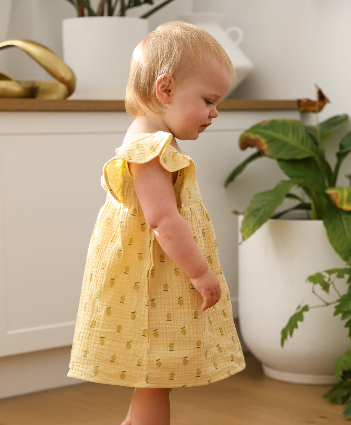 Lummi In Colour Organic Muslin Ruffle Dress - Lemons