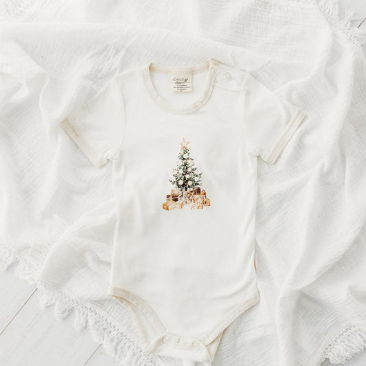 Child Of Mine Eggnog Trim Bodysuit - Glistening Tree | Rompers & Playsuits | Bon Bon Tresor