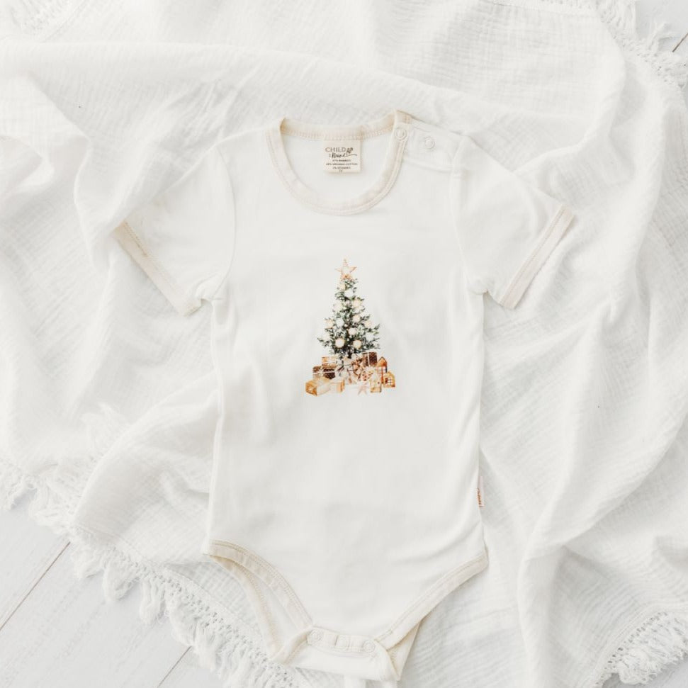 Child Of Mine Eggnog Trim Bodysuit - Glistening Tree | Rompers & Playsuits | Bon Bon Tresor