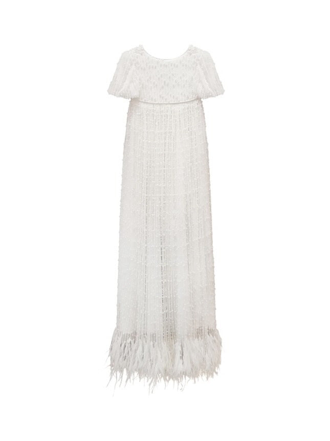 Mimi Miya Anja Girl's Christening Pearl Gown with Feathers | Gowns | Bon Bon Tresor