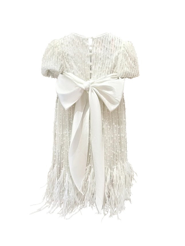 Mimi Miya Anja Girl's Christening Pearl Dress with Feathers | Dresses | Bon Bon Tresor