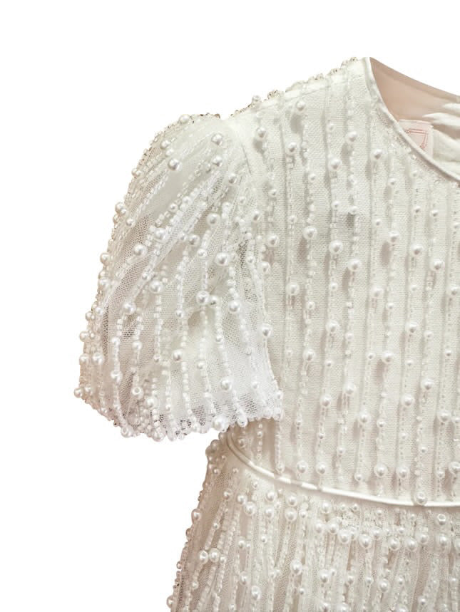 Mimi Miya Anja Girl's Christening Pearl Gown with Feathers | Gowns | Bon Bon Tresor