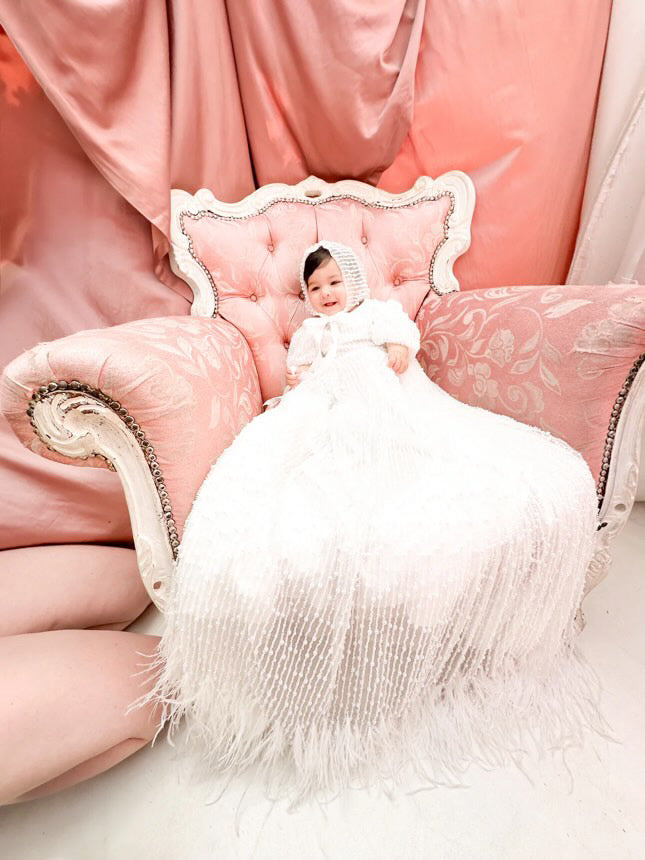 Mimi Miya Anja Girl's Christening Pearl Gown with Feathers | Gowns | Bon Bon Tresor