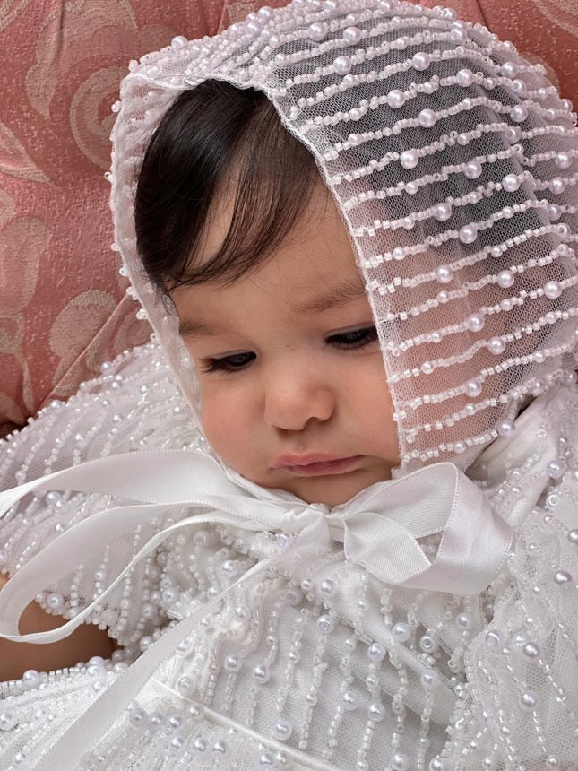 Mimi Miya Anja Girl's Christening Pearl Dress with Feathers | Dresses | Bon Bon Tresor
