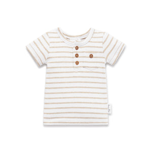 Aster and Oak Stripe Rib Henley Top - Oatmeal | Tops & T-Shirts | Bon Bon Tresor