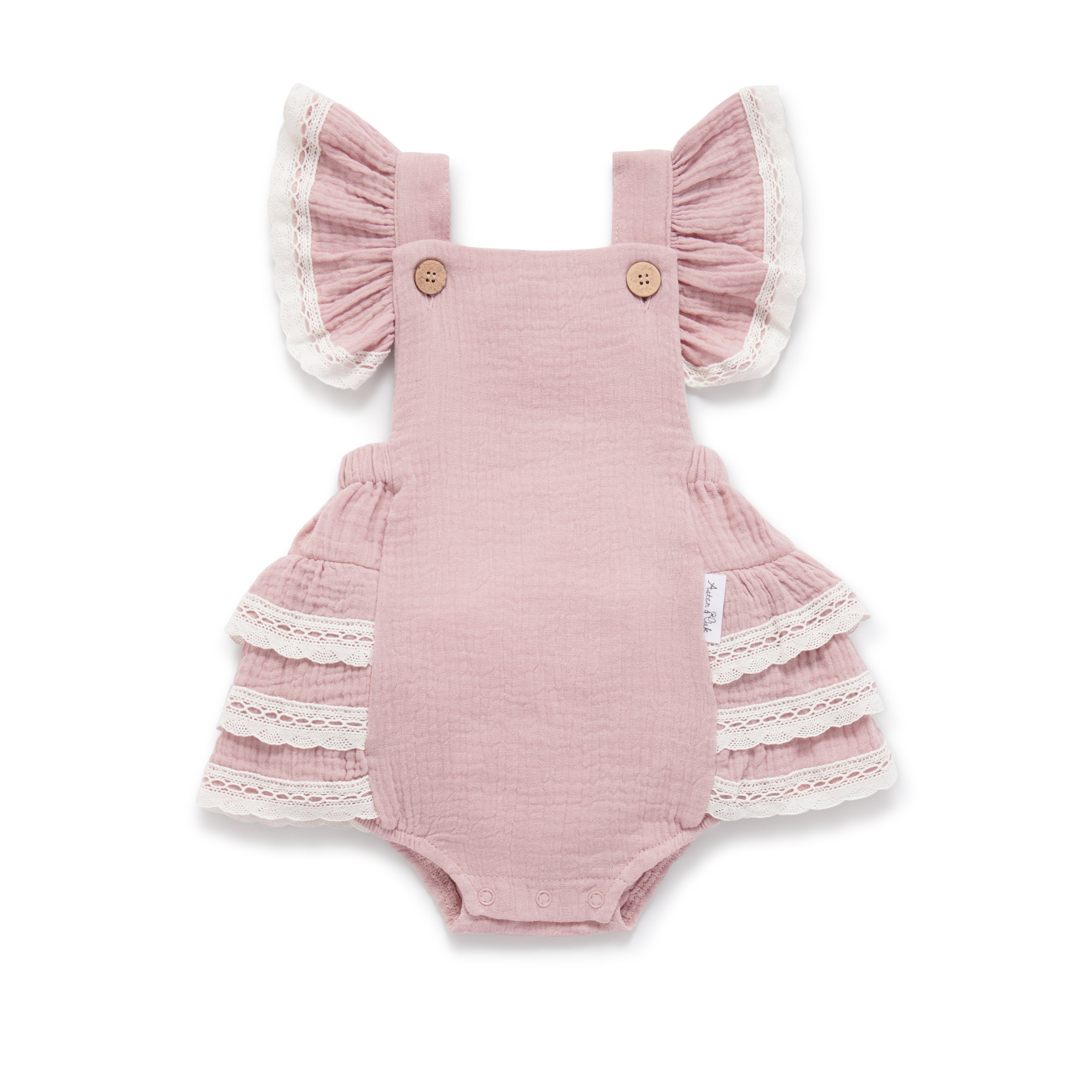 Aster and Oak Pink Muslin Ruffle Playsuit | Rompers & Playsuits | Bon Bon Tresor