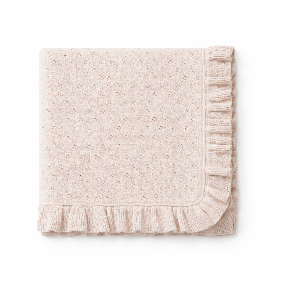 Aster and Oak Oatmeal Pointelle Ruffle Knit Blanket