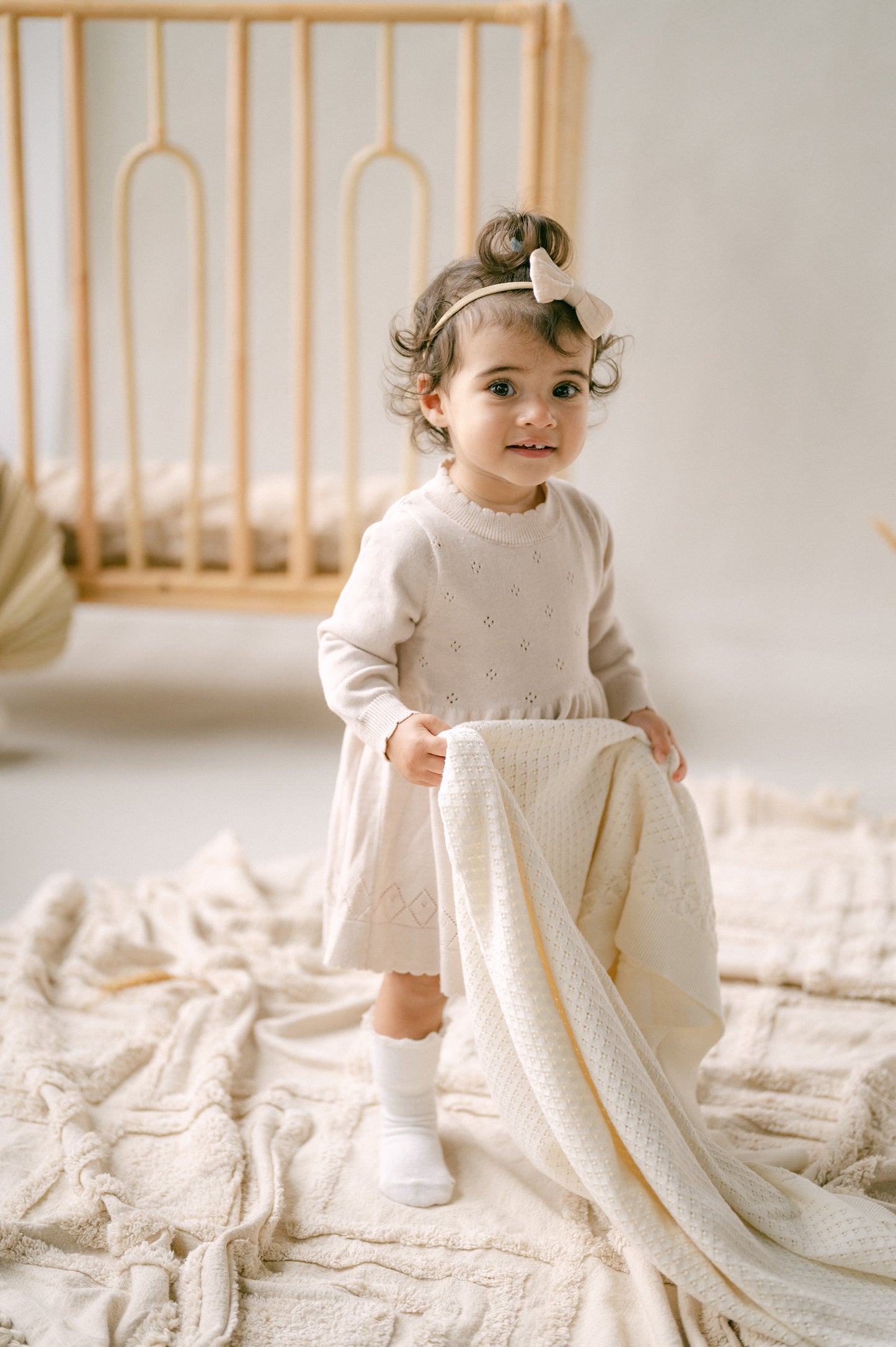 Aster and Oak Oatmeal Pointelle Ruffle Knit Blanket