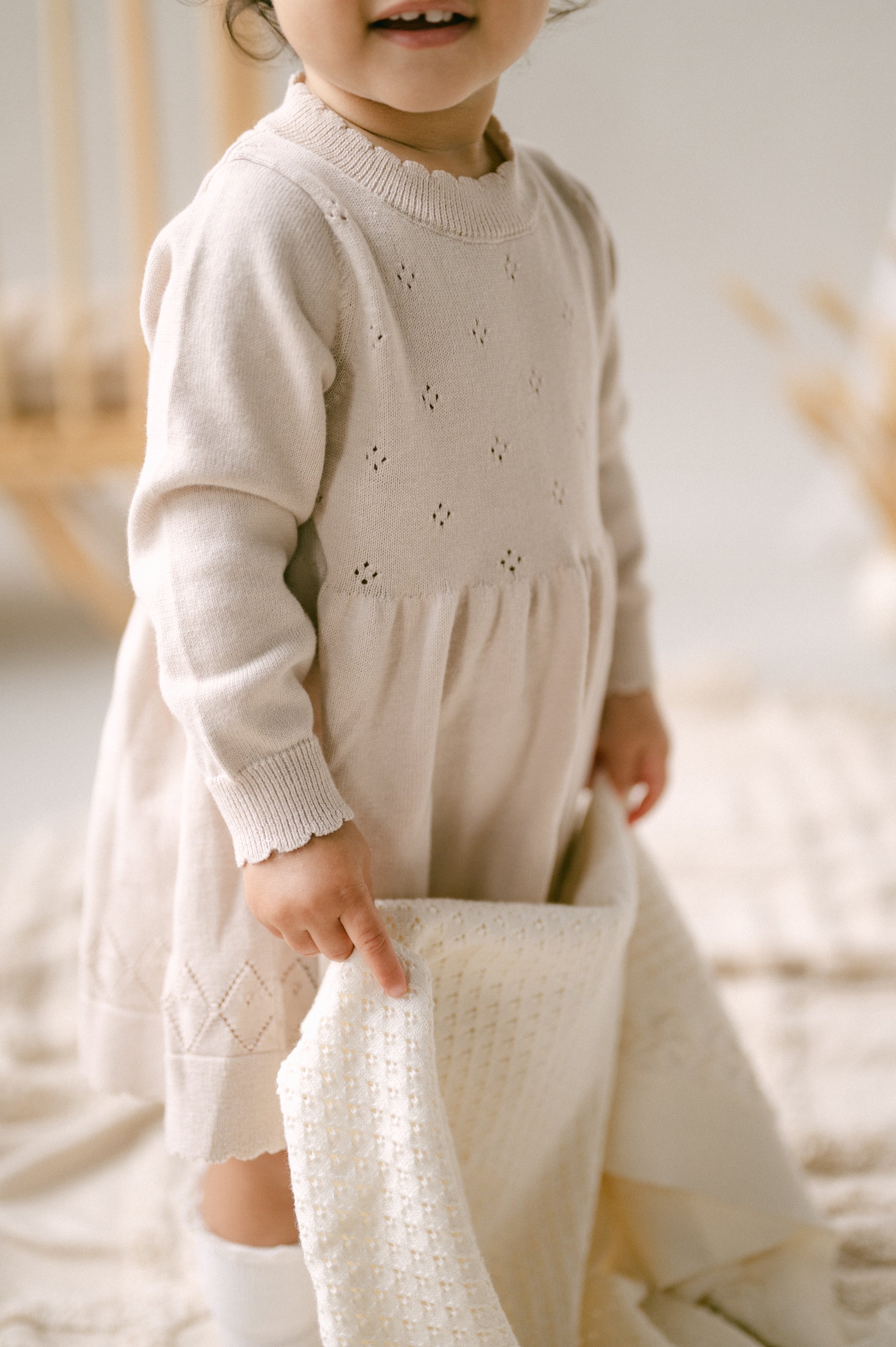 Aster and Oak Baby Girls Oatmeal Pointelle Knit Dress | Dresses | Bon Bon Tresor