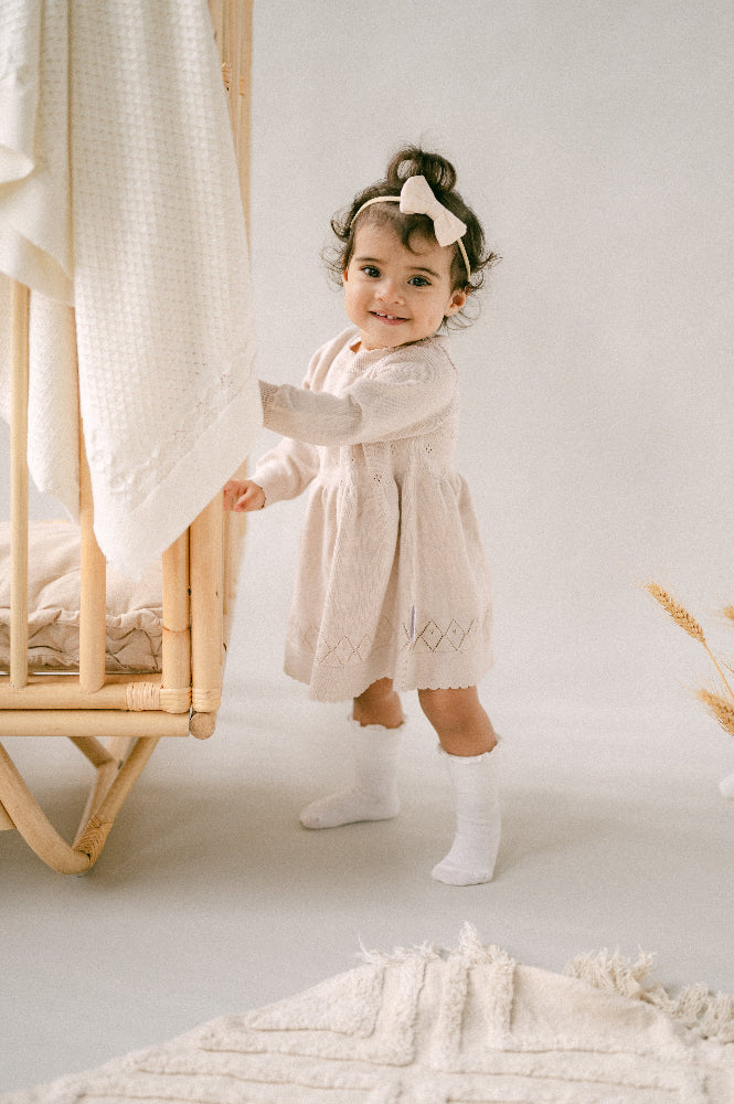 Aster and Oak Baby Girls Oatmeal Pointelle Knit Dress | Dresses | Bon Bon Tresor