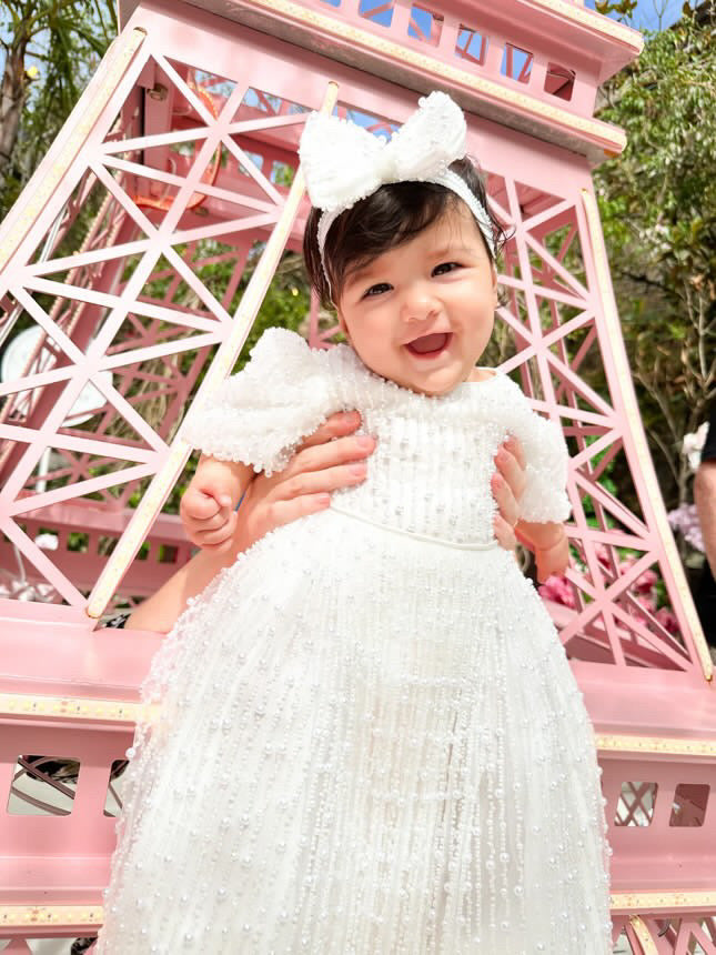 Mimi Miya Anja Girl's Christening Pearl Gown with Feathers | Gowns | Bon Bon Tresor