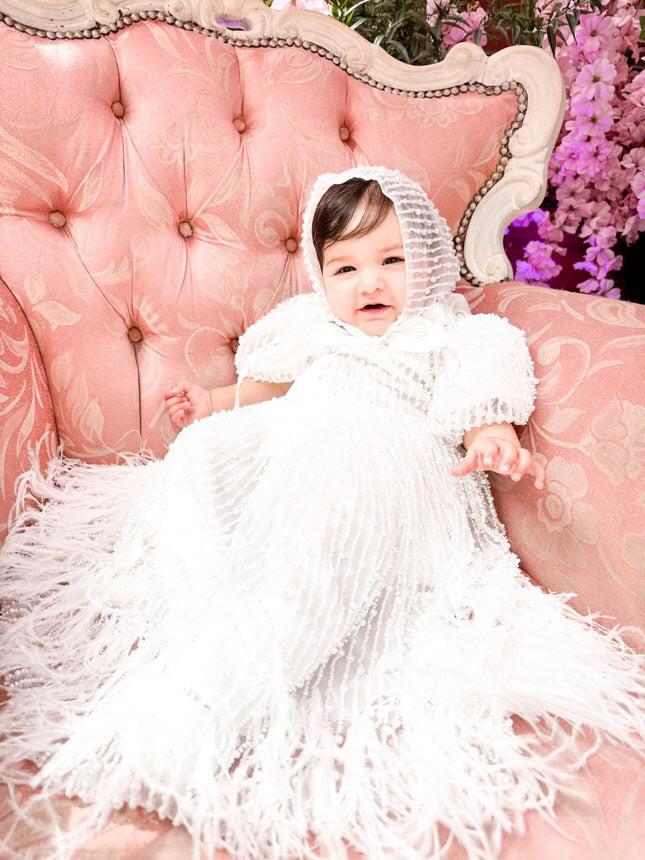 Mimi Miya Anja Girl's Christening Pearl Dress with Feathers | Dresses | Bon Bon Tresor