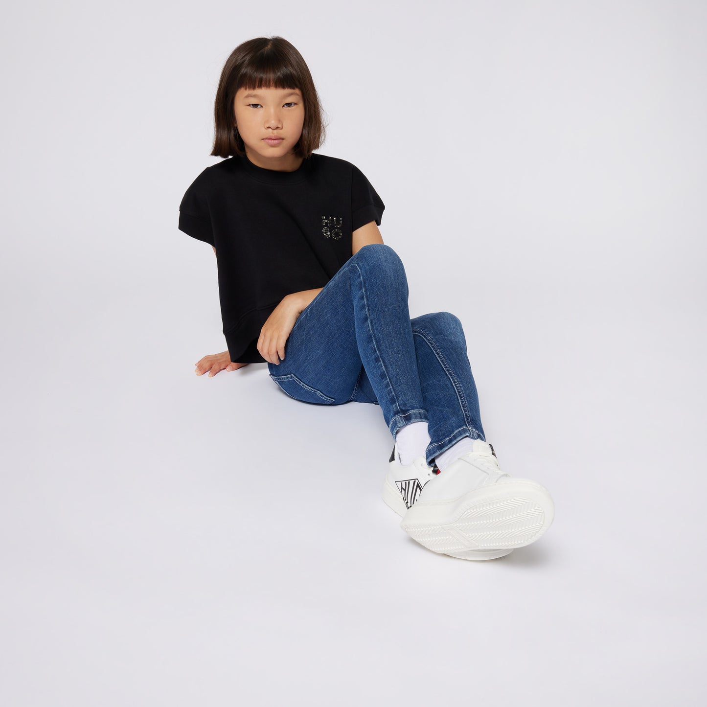 Hugo Kids Girls Black Loose Fit Studded Logo T-Shirt