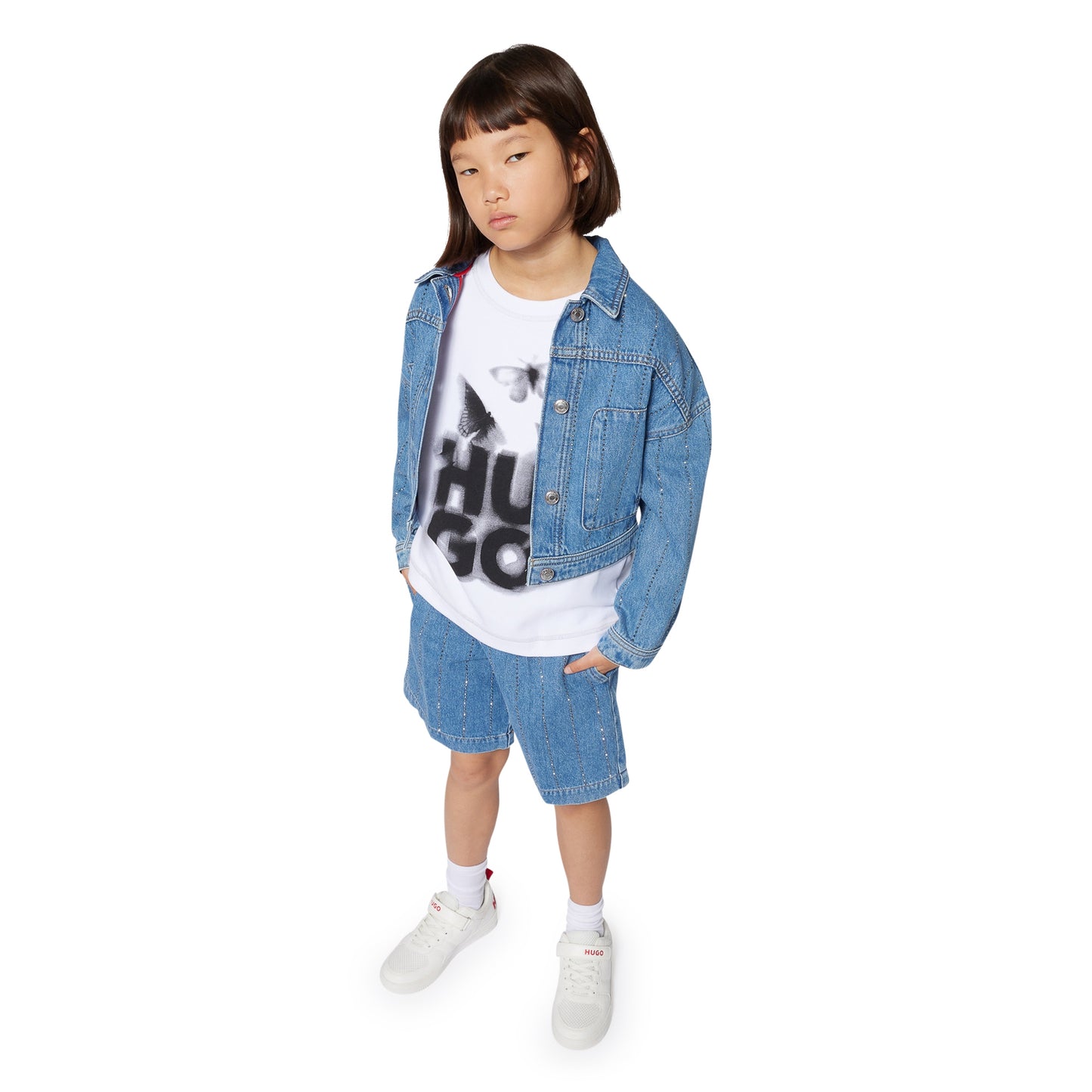 Hugo Kids Girls Denim Jacket With Studded Stripes