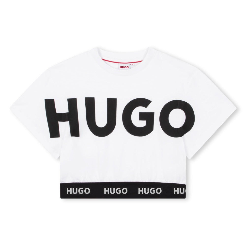 Hugo Kids Girls Short Sleeve Crop Top T-Shirt - White | Tops & T-Shirts | Bon Bon Tresor