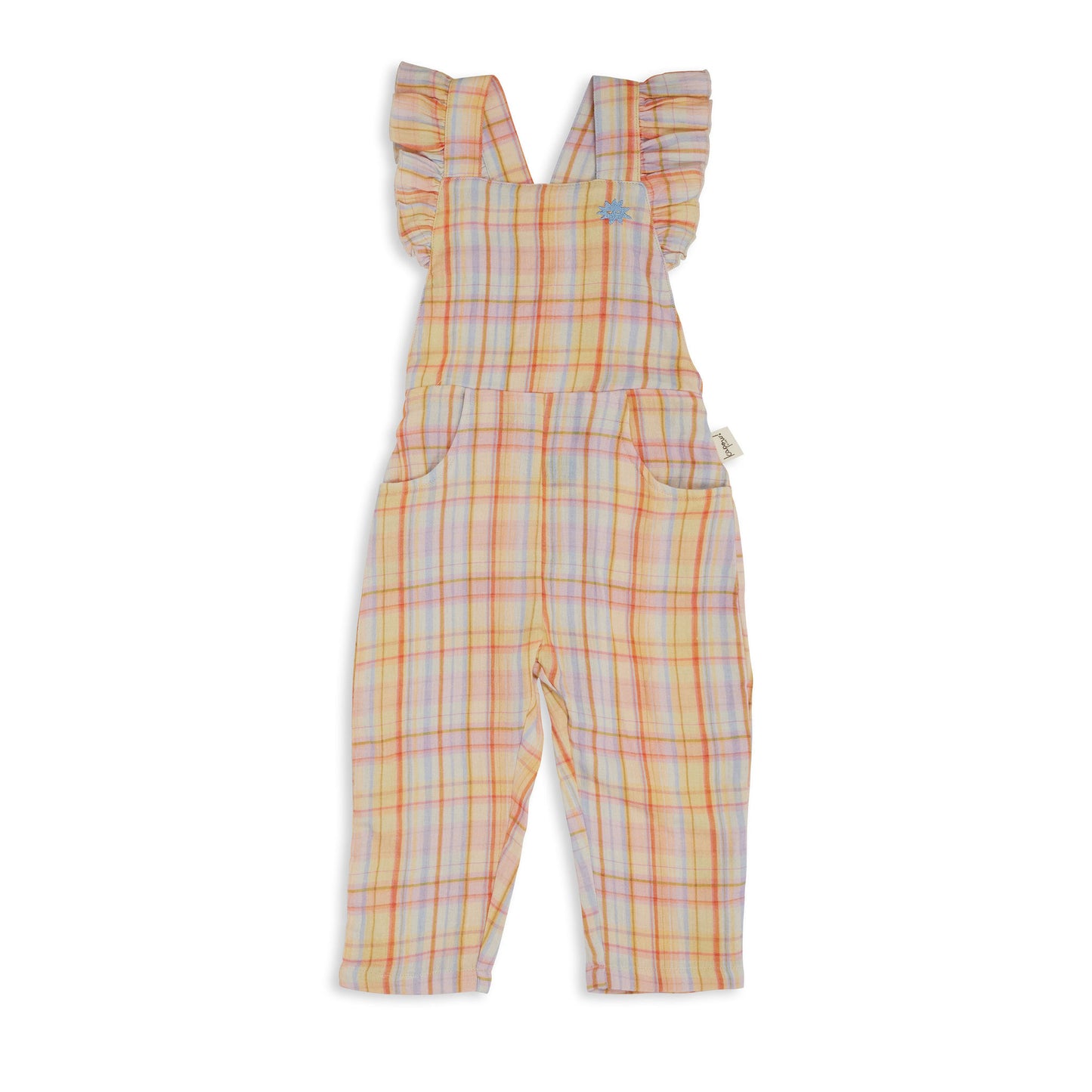Kapow Kids Girls Rainbow Plaid Ruffle Dungarees | Rompers & Playsuits | Bon Bon Tresor