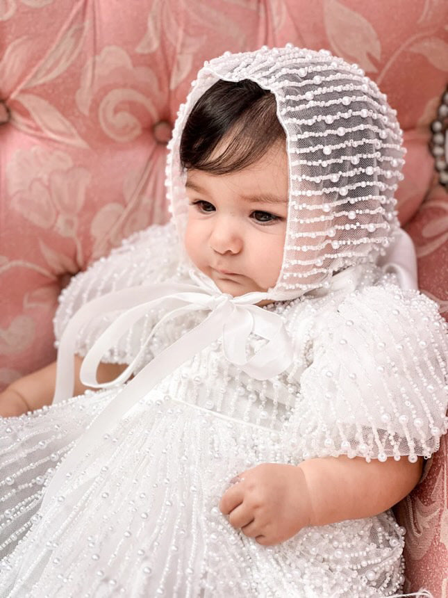Mimi Miya Anja Girl's Christening Pearl Dress with Feathers | Dresses | Bon Bon Tresor