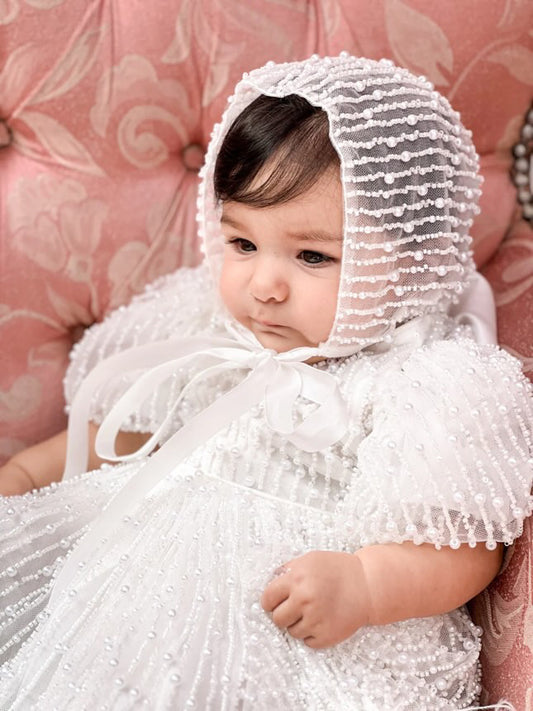 Mimi Miya Anja Girl's Christening Pearl Dress with Feathers | Dresses | Bon Bon Tresor