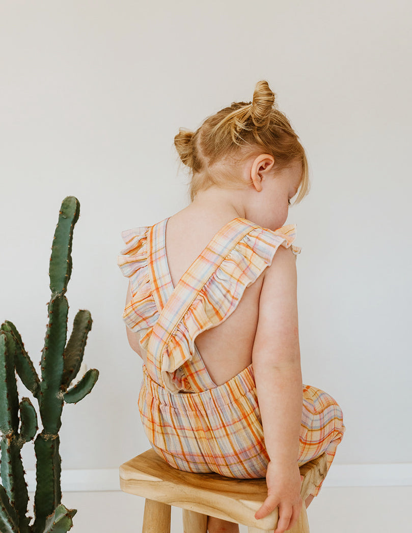 Kapow Kids Girls Rainbow Plaid Ruffle Dungarees | Rompers & Playsuits | Bon Bon Tresor