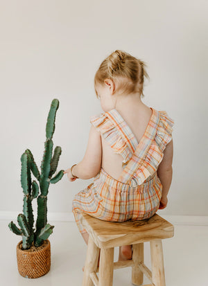 Kapow Kids Rainbow Plaid Ruffle Dungarees | Rompers & Playsuits | Bon Bon Tresor