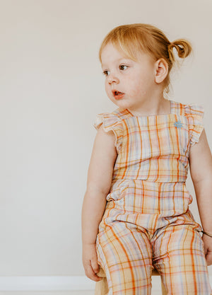 Kapow Kids Rainbow Plaid Ruffle Dungarees | Rompers & Playsuits | Bon Bon Tresor