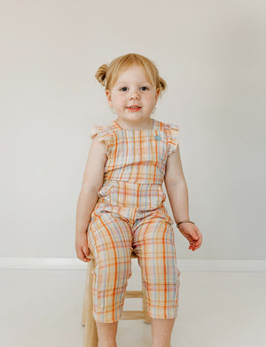 Kapow Kids Rainbow Plaid Ruffle Dungarees | Rompers & Playsuits | Bon Bon Tresor