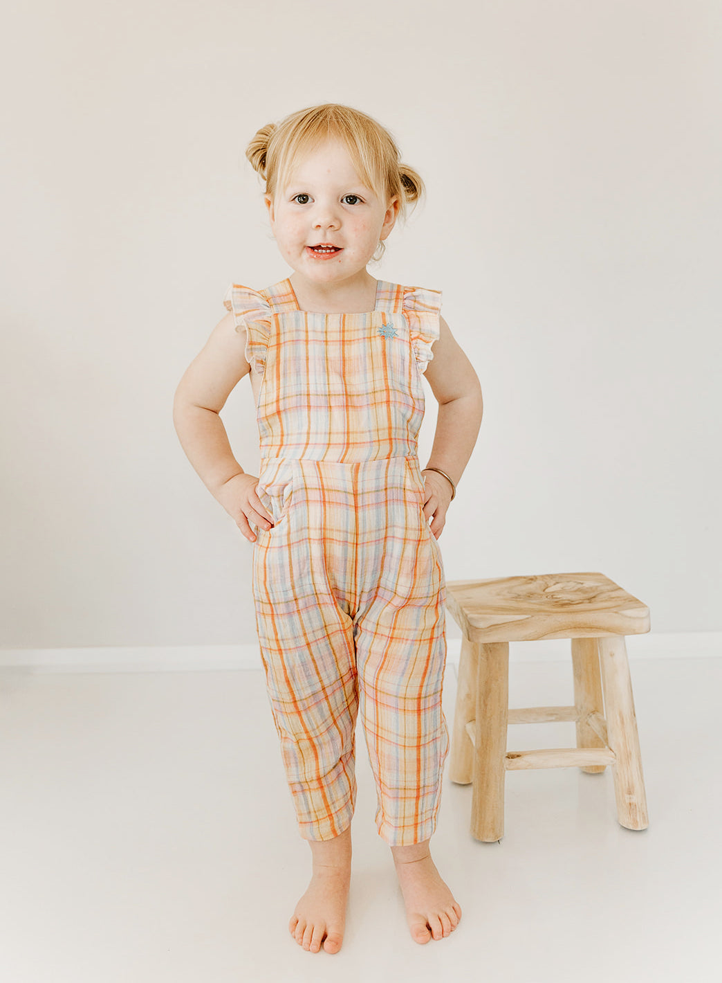 Kapow Kids Girls Rainbow Plaid Ruffle Dungarees | Rompers & Playsuits | Bon Bon Tresor