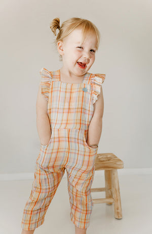 Kapow Kids Rainbow Plaid Ruffle Dungarees | Rompers & Playsuits | Bon Bon Tresor