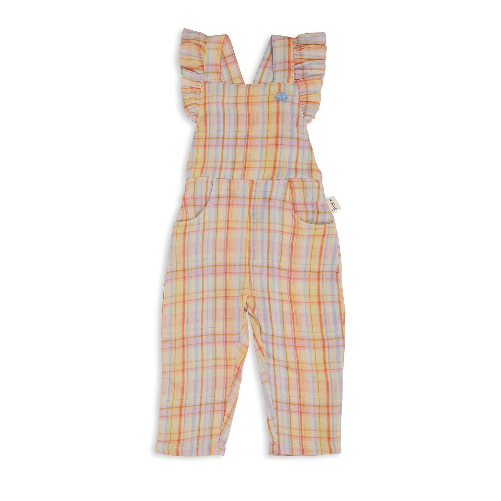 Kapow Kids Rainbow Plaid Ruffle Dungarees | Rompers & Playsuits | Bon Bon Tresor