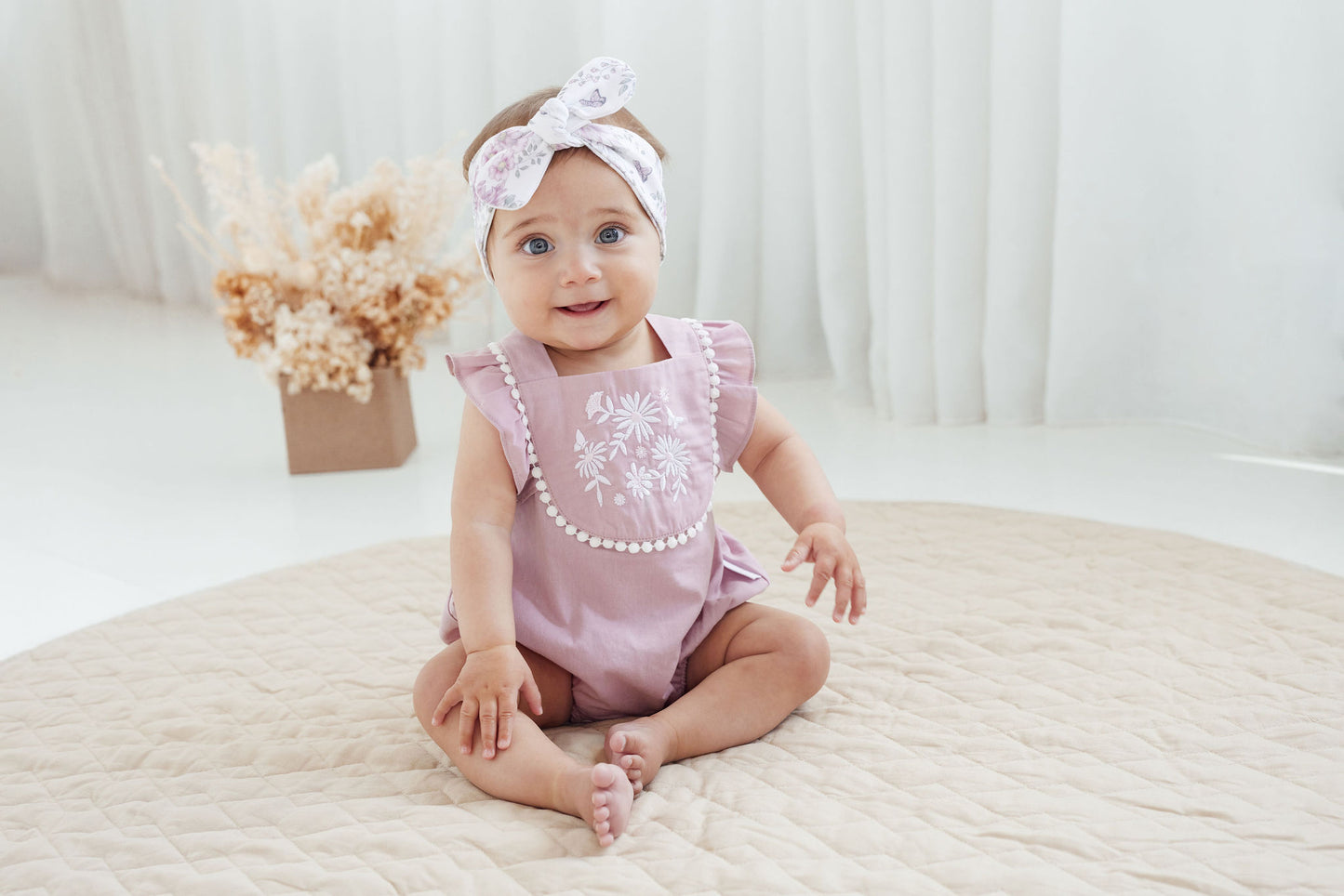 Aster and Oak Baby Girl Orchid Daisy Embroidered Romper | Rompers & Playsuits | Bon Bon Tresor