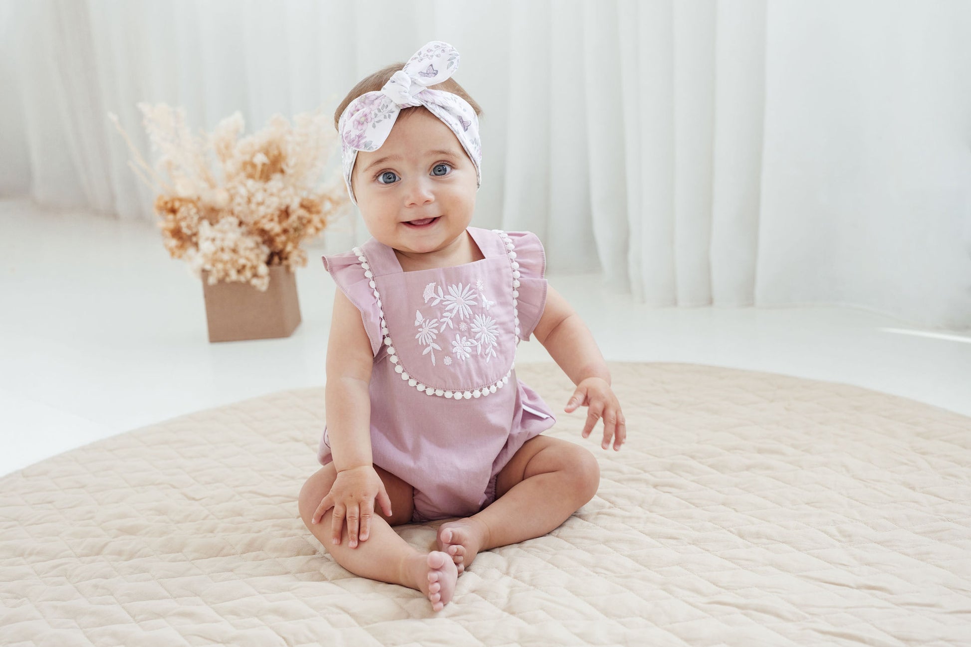 Aster and Oak Baby Girl Orchid Daisy Embroidered Romper | Rompers & Playsuits | Bon Bon Tresor