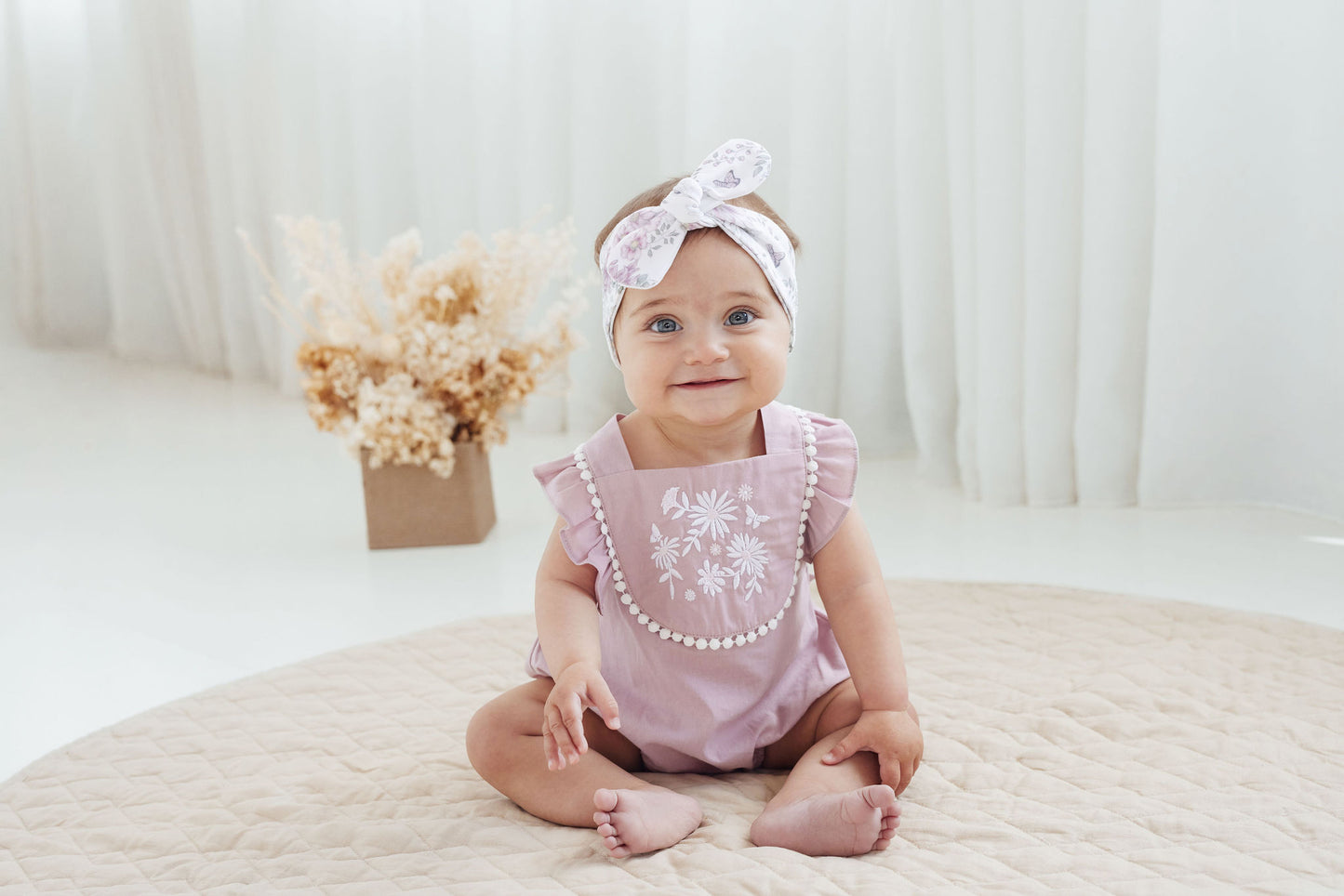 Aster and Oak Baby Girl Orchid Daisy Embroidered Romper | Rompers & Playsuits | Bon Bon Tresor