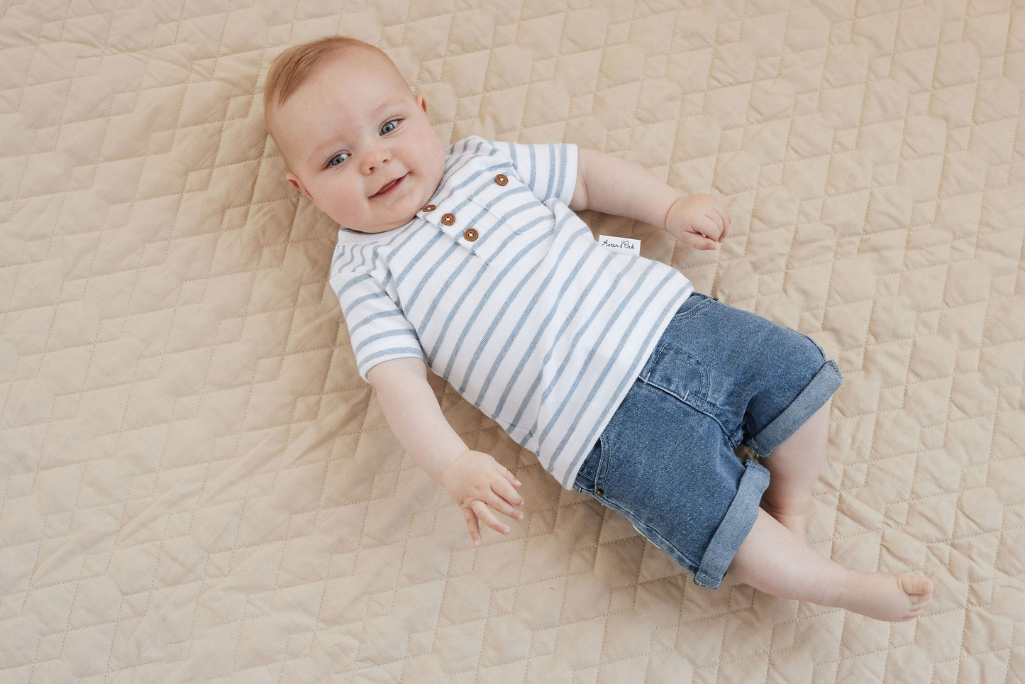 Aster and Oak Baby Boys Blue Stripe Rib Henley Top | Tops | Bon Bon Tresor