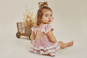 Aster and Oak Pink Muslin Ruffle Playsuit | Rompers & Playsuits | Bon Bon Tresor