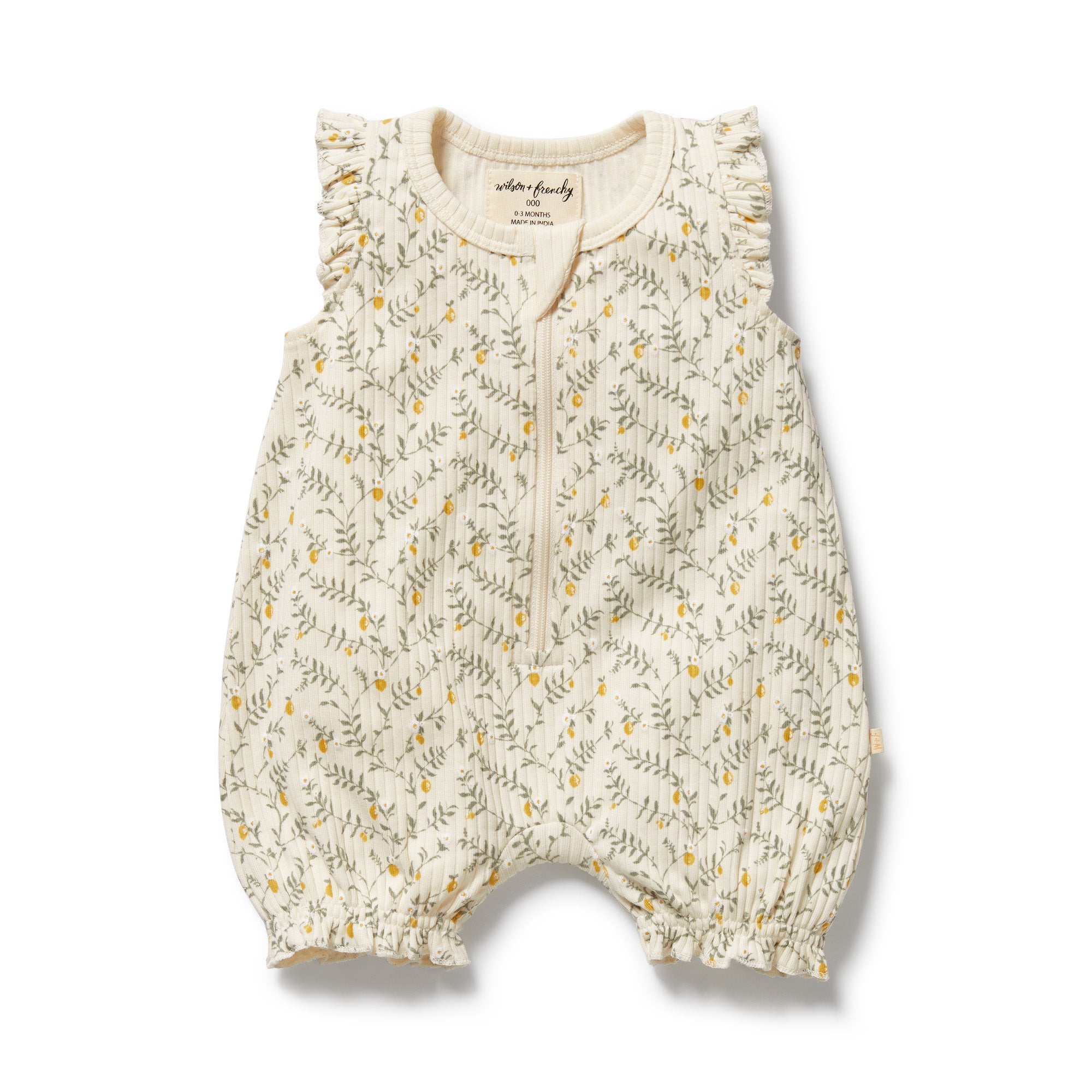 Wilson and Frenchy Lemon Leaf Organic Ruffle Zipsuit | Rompers & Playsuits | Bon Bon Tresor