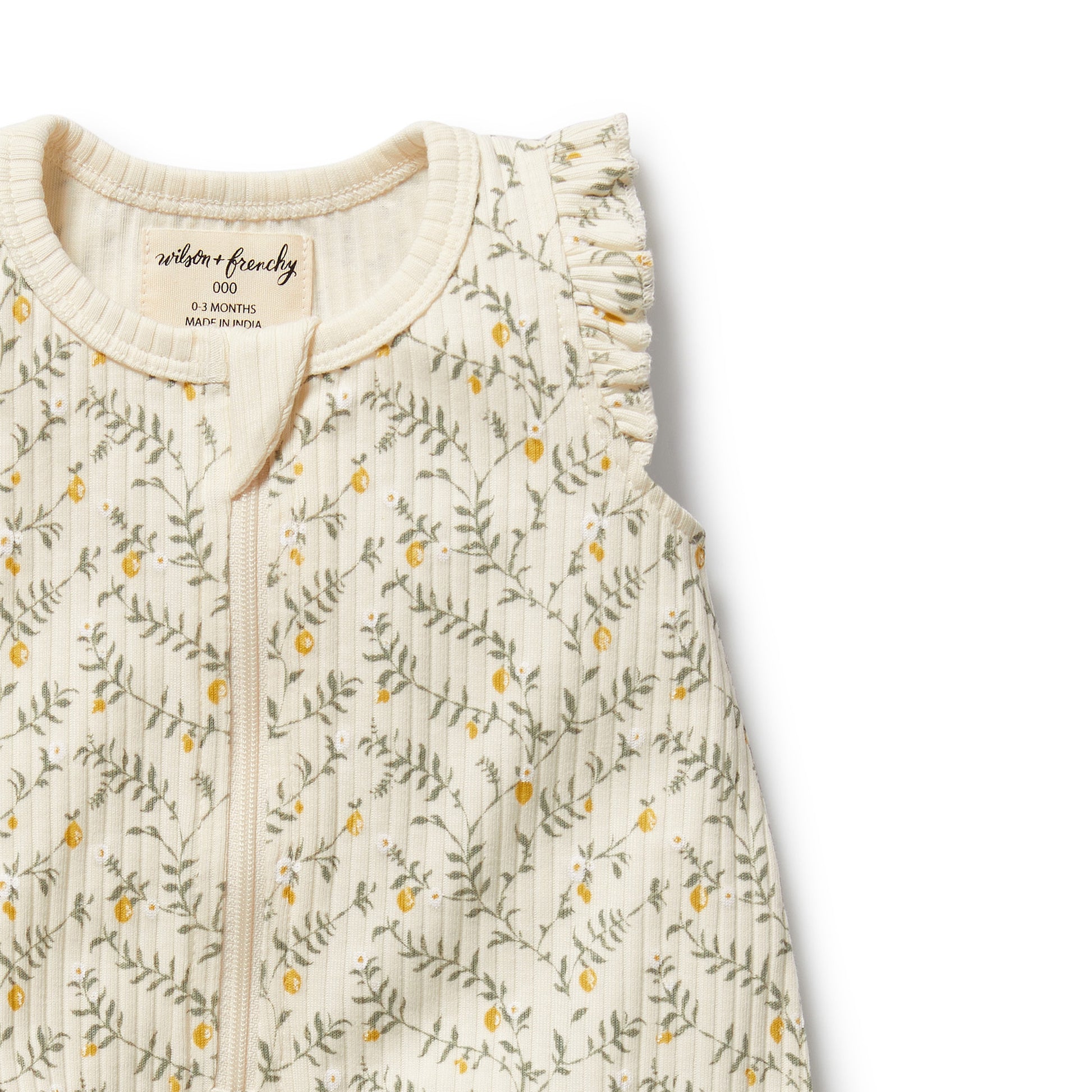 Wilson and Frenchy Lemon Leaf Organic Ruffle Zipsuit | Rompers & Playsuits | Bon Bon Tresor