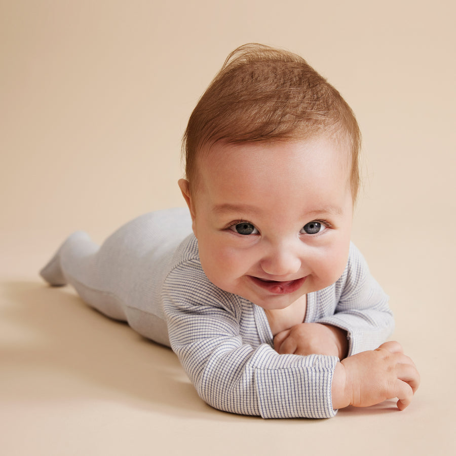Wilson and Frenchy Organic Stripe Rib Zipsuit with Feet - Rain Drop | Rompers & Playsuits | Bon Bon Tresor