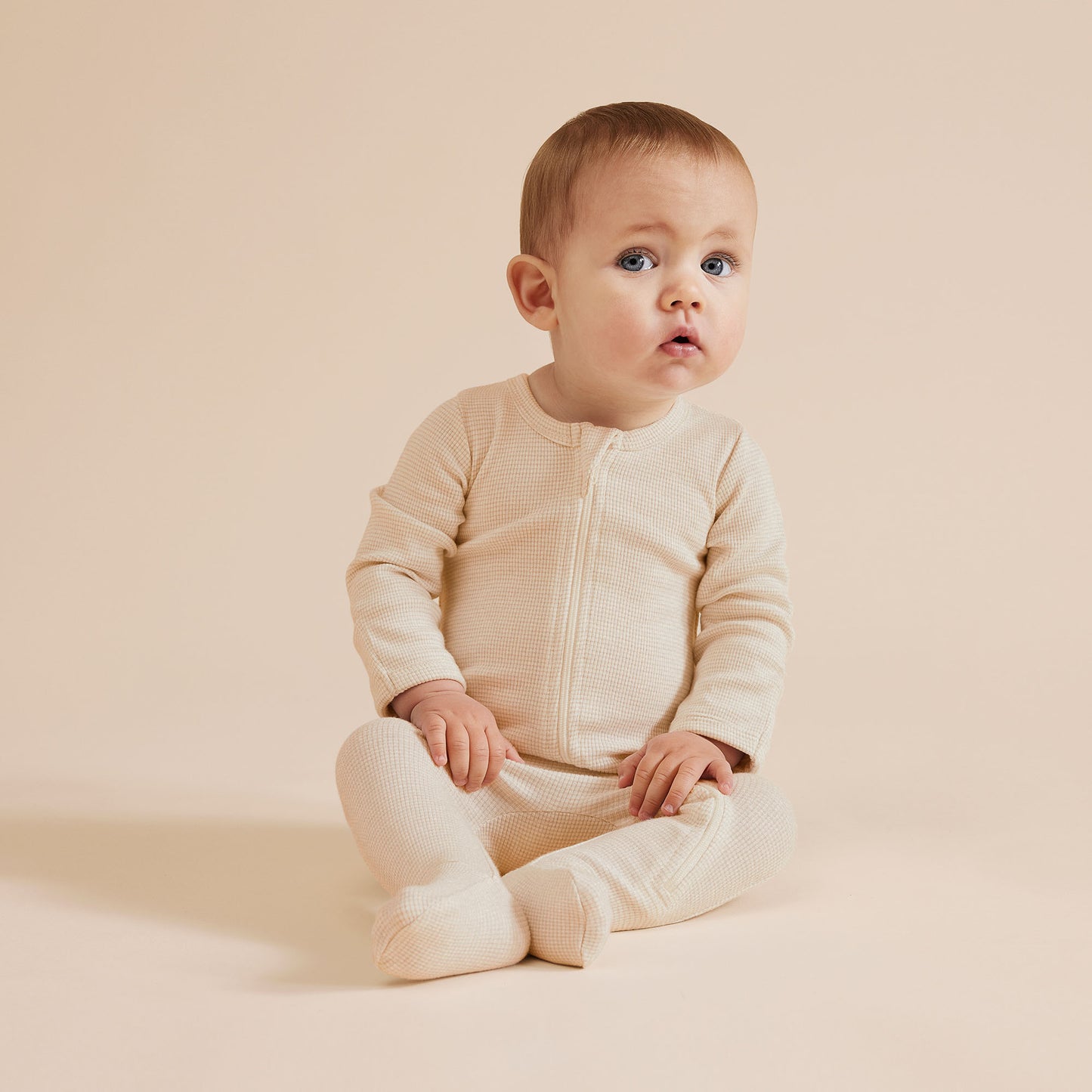 Wilson and Frenchy Organic Stripe Rib Zipsuit with Feet - Oatmeal | Rompers & Playsuits | Bon Bon Tresor