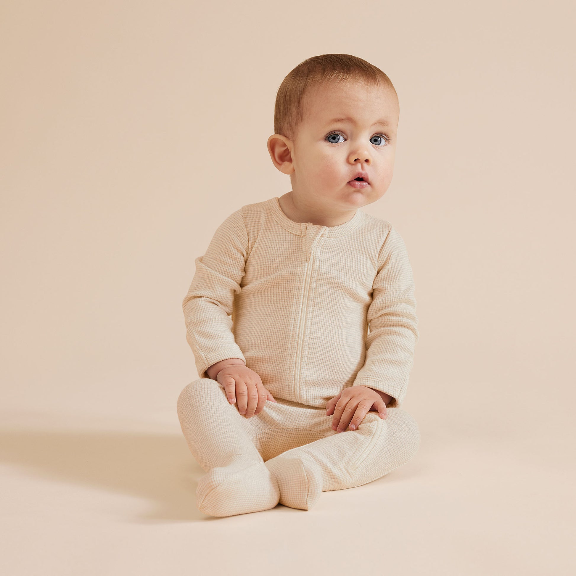 Wilson and Frenchy Organic Stripe Rib Zipsuit with Feet - Oatmeal | Rompers & Playsuits | Bon Bon Tresor