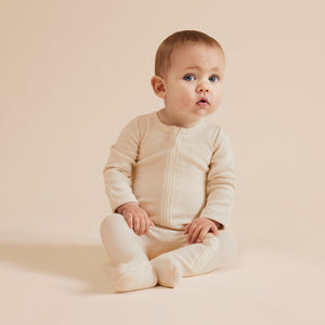 Wilson and Frenchy Organic Stripe Rib Zipsuit with Feet - Oatmeal | Rompers & Playsuits | Bon Bon Tresor