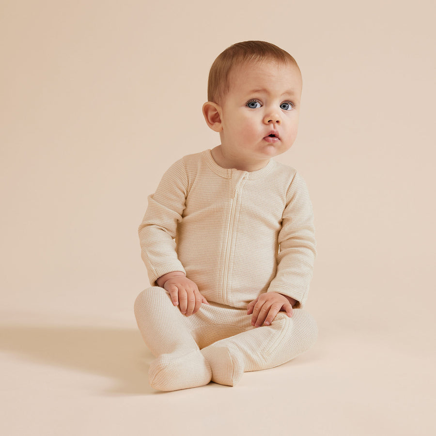 Wilson and Frenchy Organic Stripe Rib Zipsuit with Feet - Oatmeal | Rompers & Playsuits | Bon Bon Tresor